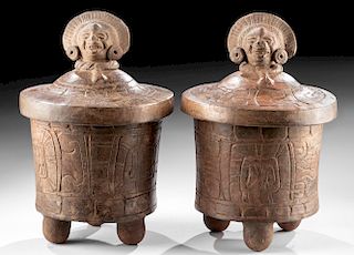 Matched Pair of Maya Lidded Vessels with Deity Heads