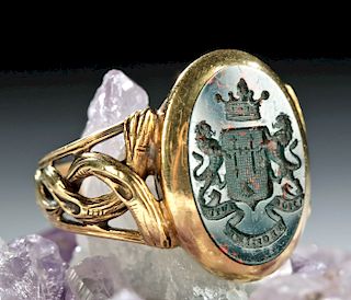 19th C. German 18K Gold Signet Ring Bloodstone Intaglio