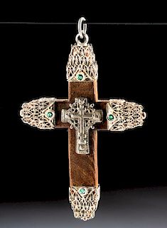 19th C. Russia Wood Cross w/ Silver, Tsavorite Garnets