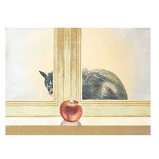 Martha Chapa. Gato y manzana. Firmado y fechado '82. Serigrafía 47/100. Sin enmarcar. 58 x 78 cm.