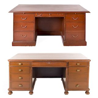 Lote de 2 escritorios. Siglo XX. En talla de madera. Uno Marca López Morton. Dimensiones: 76 x 180 x 90 cm. (mayor)