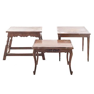 Lote de 3 mesas auxiliares. Siglo XX. En talla de madera. Con cubiertas rectangulares. 63 x 74 x 50 cm. (mayor)