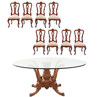 Comedor. Siglo XX. Elaborado en madera enchapada. Consta de: Mesa con cubierta de cristal y 8 sillas. 72 x 180 cm. Ø (mesa)