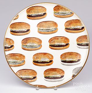 Pottery charger with cheeseburgers