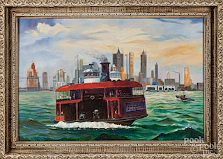 Oil on canvas harbor scene