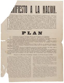Manifiesto a la Nación. Adhesión al Plan de Guadalupe. Coahuila, 1913. 1 h.  44.5x34 cm.
