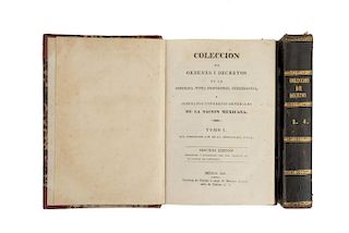 Colección de órdenes y decretos de la Soberana Junta Provisional Gubernativa... México,1829. Tomos I - IV, dos volumenes. Piezas: 2.