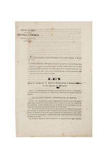 López de Santa Anna, Antonio. Ley para el Arreglo en lo Judicial; Gubernativo y Administrativo, de los Negocios de Minería... 1854.