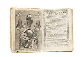 Paredes, Ignacio de. Promptuario Manual Mexicano... México, 1759. Frontispicio grabado. Primera edición.