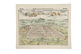 Münster, Sebastian. Mapas del Nuevo Mundo. Basel, ca. 1550. Grabado coloreado a doble página. Reverso: plano de Tenochtitlan.