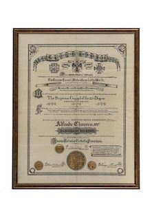 Diploma Masónico de Miembro Honorario, Grado 33, Otorgado a Alfredo Chavero. Charleston, Carolina del Sur, 1880. Enmarcado.