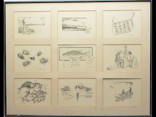 Two sets of nine framed original illustrations of fishing scenes, R. Grinnell.