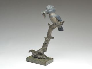 Bronze sculpture of a kingfisher with a fish in bill, David Turner.