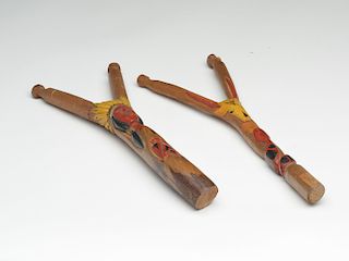Two carved wooden slingshots from Florida, circa 1900.