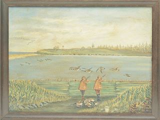 Oil on canvas of hunting stand,  Elmer Crowell, East Harwich, Massachusetts, circa 1910.