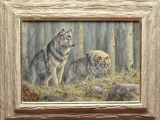 "Seeking the Scent: Timber Wolves," an oil on canvas, Jorge Mayol (b.1948).