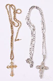 Two 14K gold chains, with cross pendants