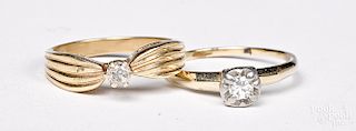 Two 14K gold diamond solitaire rings