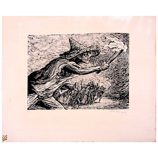 LEOPOLDO MÉNDEZ, Sin título. Firmado. Grabado, P/T. Con sello de Taller de la Gráfica Popular. 30 x 40 cm