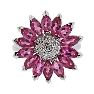 14k Gold Diamond Pink Tourmaline Sunflower Ring 