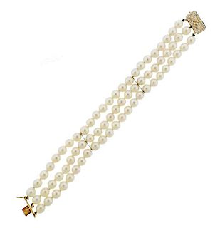 14K Gold Diamond Pearl Bracelet