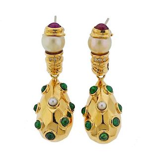 18k Gold Diamond Emerald Pearl Ruby Earrings 