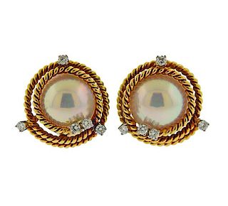 Tiffany &amp; Co Schlumberger 18K Gold Diamond Pearl Earrings
