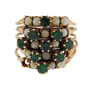 14k Gold Green Stone Pearl Harem Ring 