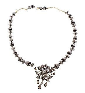 18k Gold Silver Rose Cut Diamond Necklace 