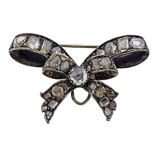 Antique Silver Rose Cut Diamond Bow Brooch Pin 