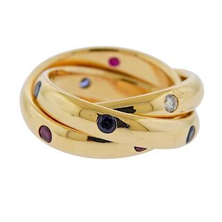 Cartier Trinity 18k Gold Diamond Sapphire Ruby Band Ring 
