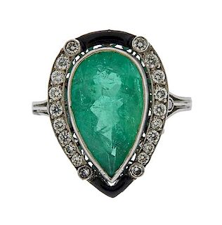 Platinum 4.40ct Pear Emerald Diamond Onyx Ring 