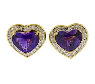 18K Gold Diamond Amethyst Heart Earrings