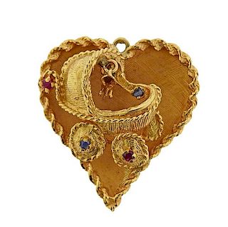 Mid Century 14K Gold Ruby Sapphire  Heart Pendant