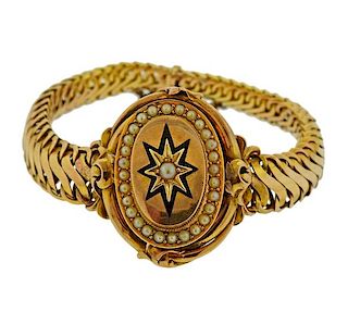 Antique Victorian 14k Gold Pearl Enamel Bracelet 