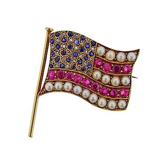 Antique 14k Gold Diamond Pearl American Flag Brooch 