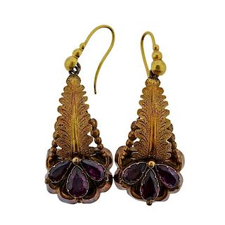 Antique Gold  Purple Stone Drop Earrings 