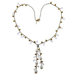 Marco Bicego Diamond Pearl 18k Gold Lariat Necklace