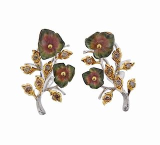 Buccellati Diamond Tourmaline 18k Gold Flower Earrings