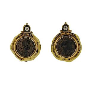 Elizabeth Gage Ancient Coin Diamond 18k Gold Earrings