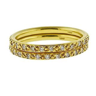 18k  Gold Pave Diamond Band Ring Set of 2