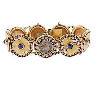 Lucien Piccard Retro 14k Gold Gemstone Watch Bracelet 