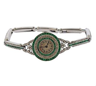 Art Deco Platinum Diamond Emerald Watch 