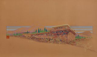FRANK LLOYD WRIGHT, (American, 1869-1959), Presentation Drawing for The Arch Oboler House, Malibu, California, ca. 1954