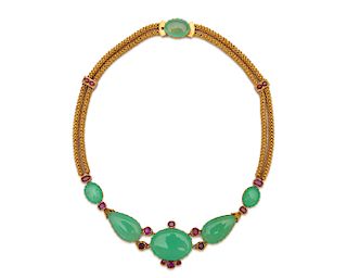 14K Gold, Chalcedony, and Ruby Necklace