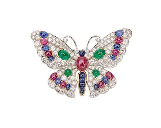 18K Gold, Ruby, Emerald, Sapphire, and Diamond Butterfly Brooch