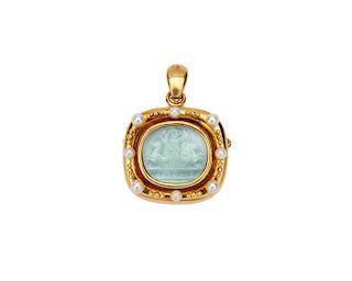 ELIZABETH LOCKE 18K Gold, Glass Intaglio, Mother-of-Pearl, and Pearl Pendant/Brooch