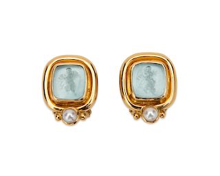 ELIZABETH LOCKE 18K Gold, Glass Intaglio, Mother-of-Pearl, and Pearl Earclips