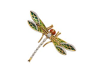 18K Gold, Enamel, and Diamond Dragonfly Brooch