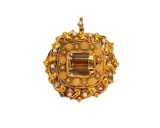 14K Gold, Citrine, and Pearl Pendant/Brooch